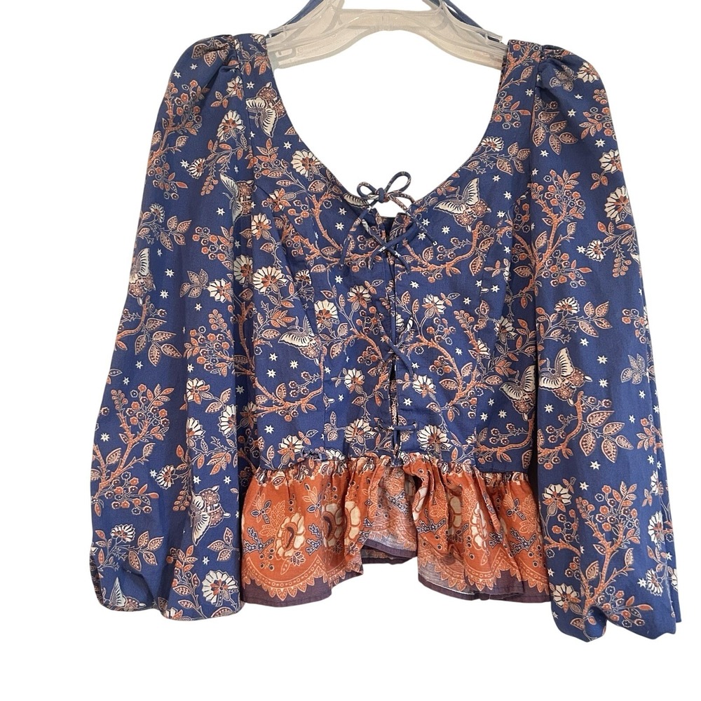 House of Harlow 1960 Blouse Sz XS Floral Lace Up Boho Peplum Puff Sleeve Peasant